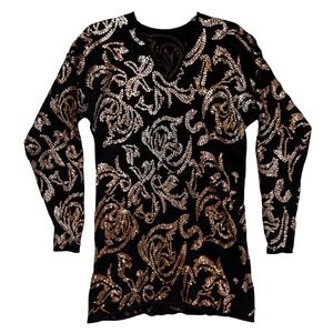 Nancy Johnson Black Wool Sequin‎ Baroque Floral V-Neck Longline Sweater Tunic